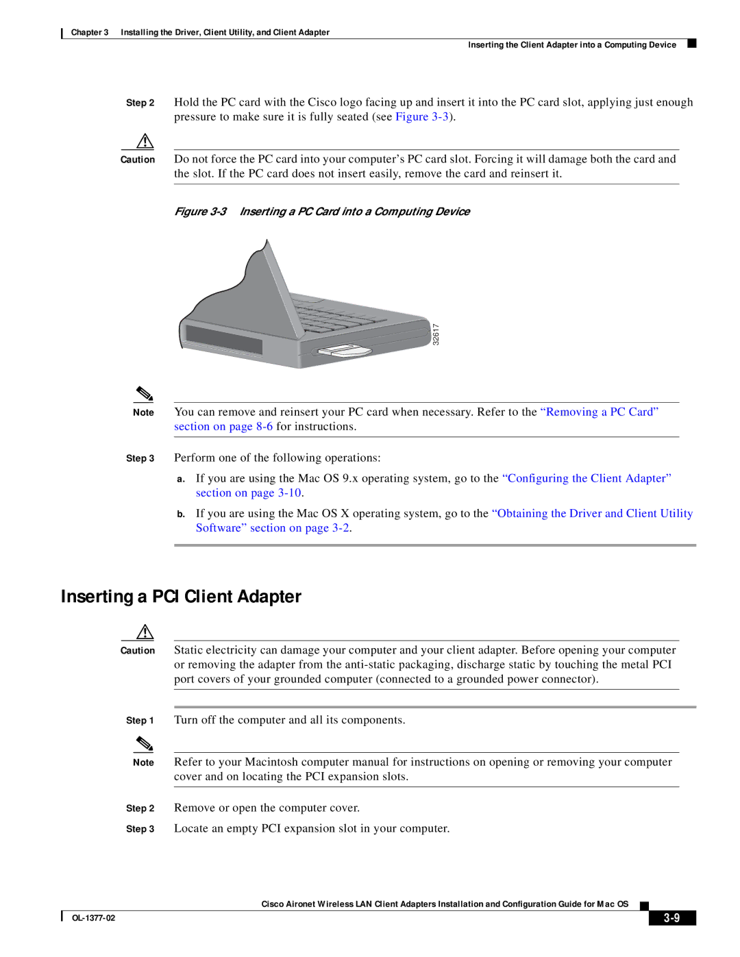 Cisco Systems OL-1377-02 manual Inserting a PCI Client Adapter, Inserting a PC Card into a Computing Device 