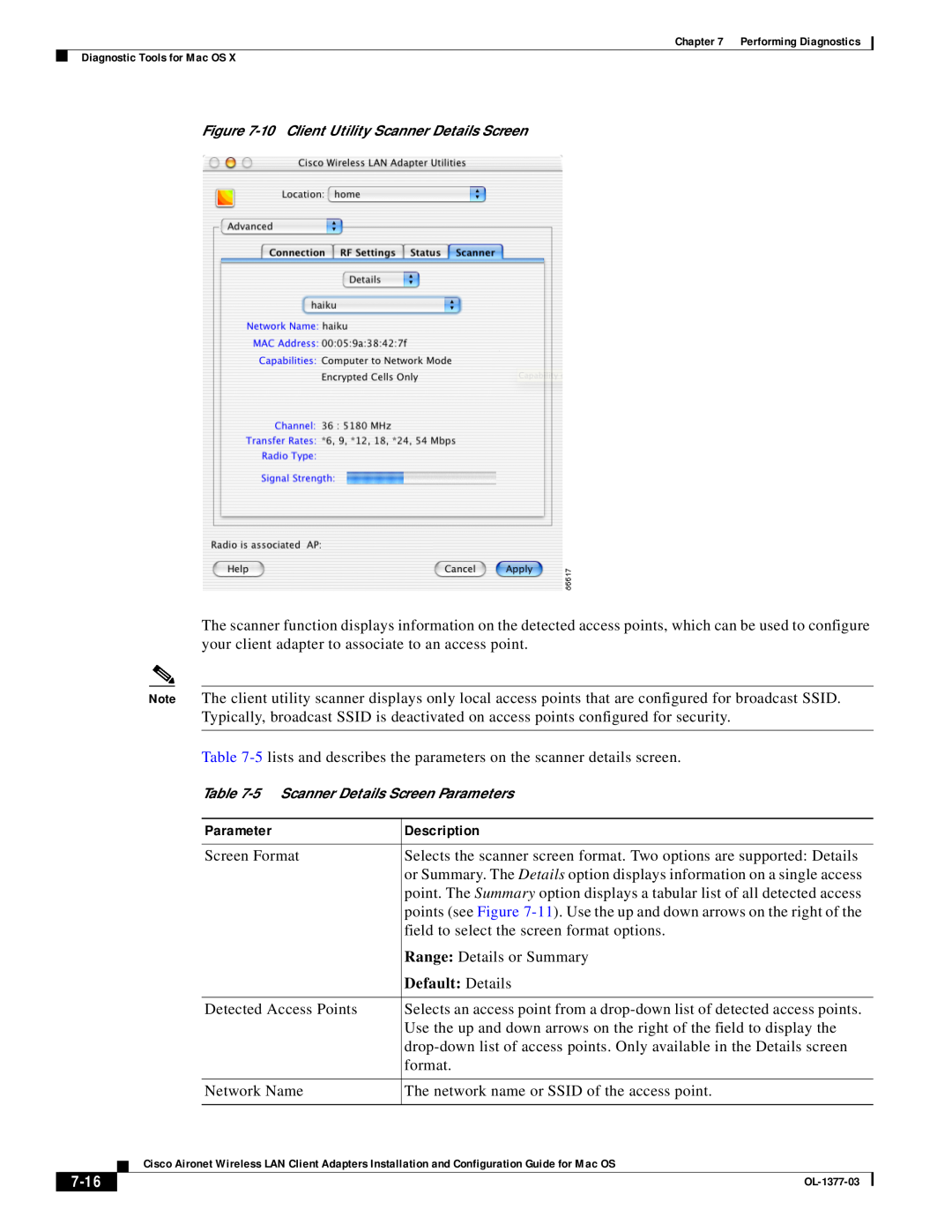 Cisco Systems OL-1377-03 manual Default Details, 7-16, Parameter, Description, 10 Client Utility Scanner Details Screen 