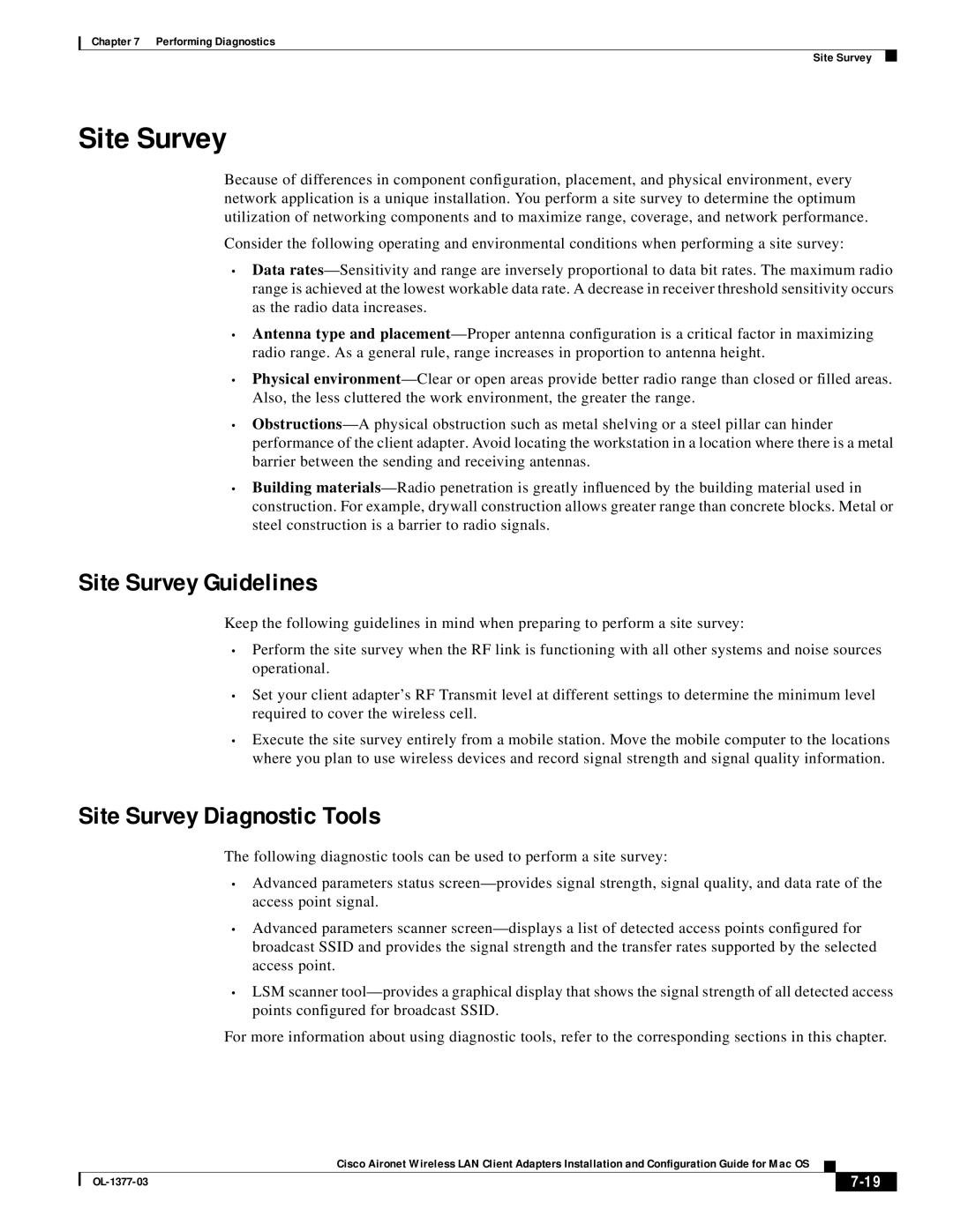 Cisco Systems OL-1377-03 manual Site Survey Guidelines, Site Survey Diagnostic Tools, 7-19 