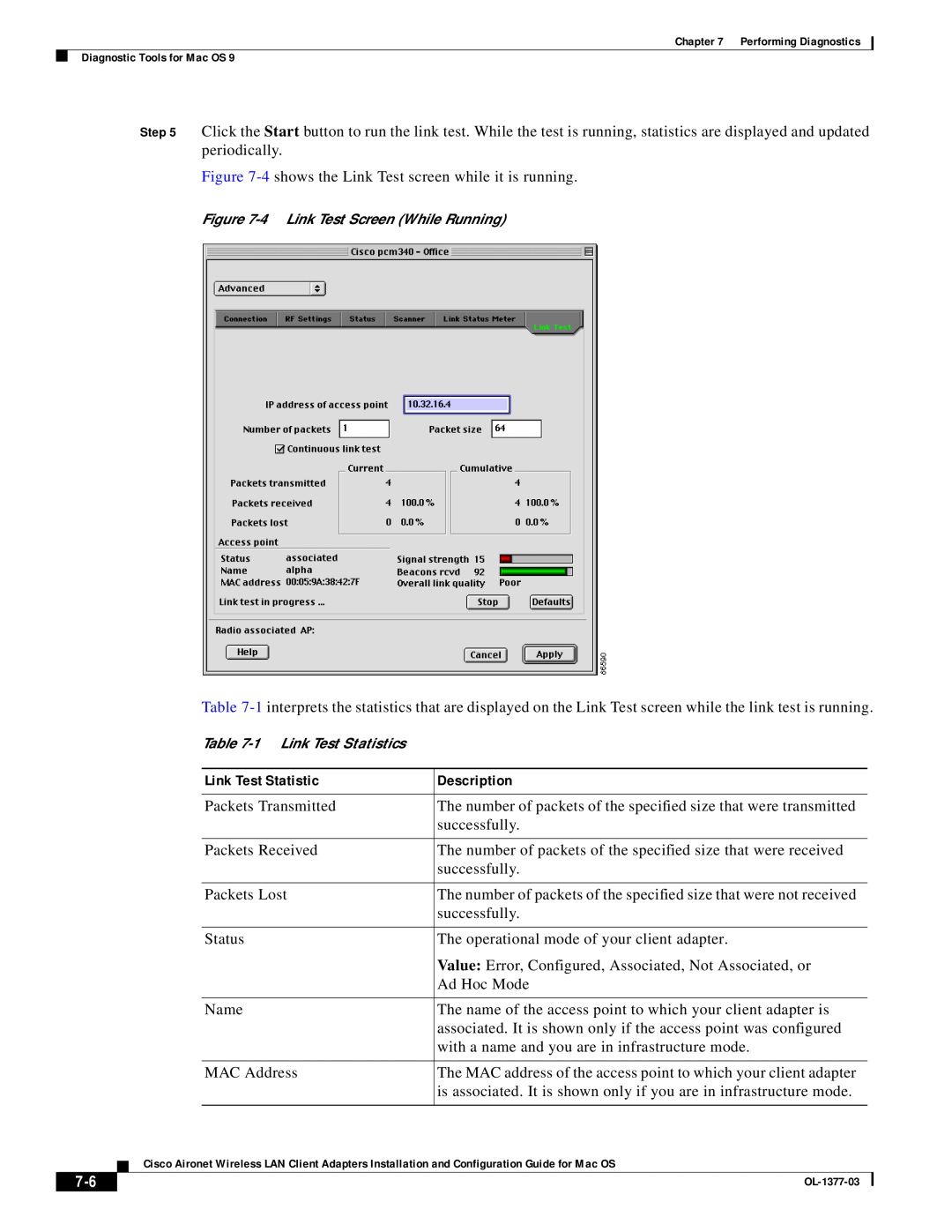 Cisco Systems OL-1377-03 manual Description, 4 Link Test Screen While Running, 1 Link Test Statistics 