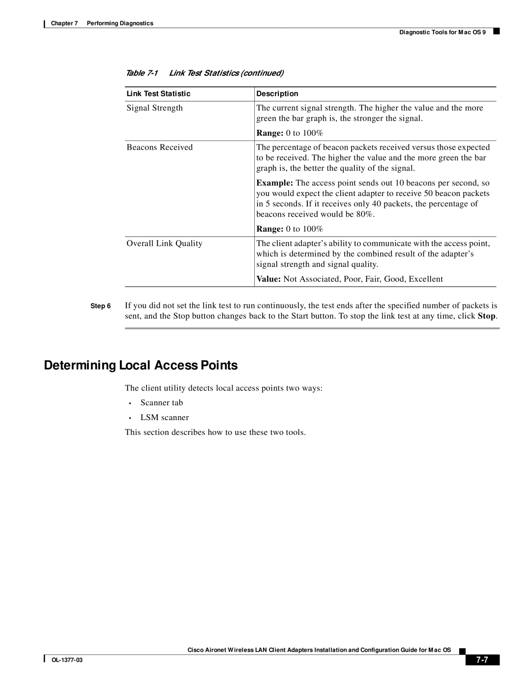 Cisco Systems OL-1377-03 manual Determining Local Access Points, Link Test Statistic, Description 