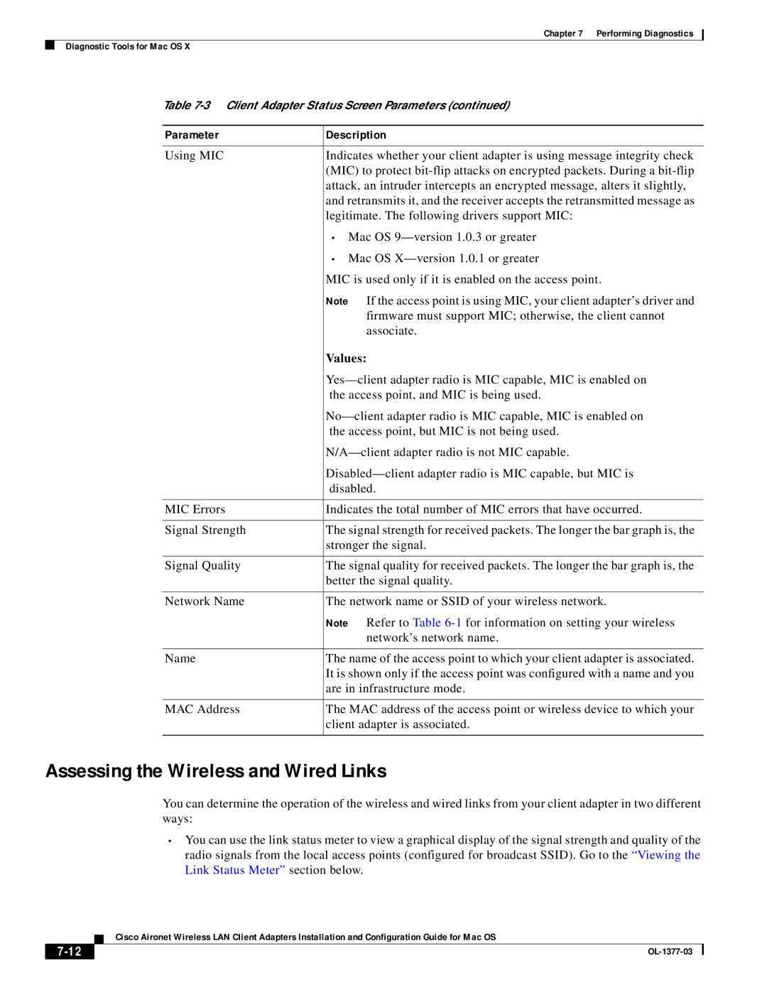 Cisco Systems OL-1377-03 manual Assessing the Wireless and Wired Links, Values 