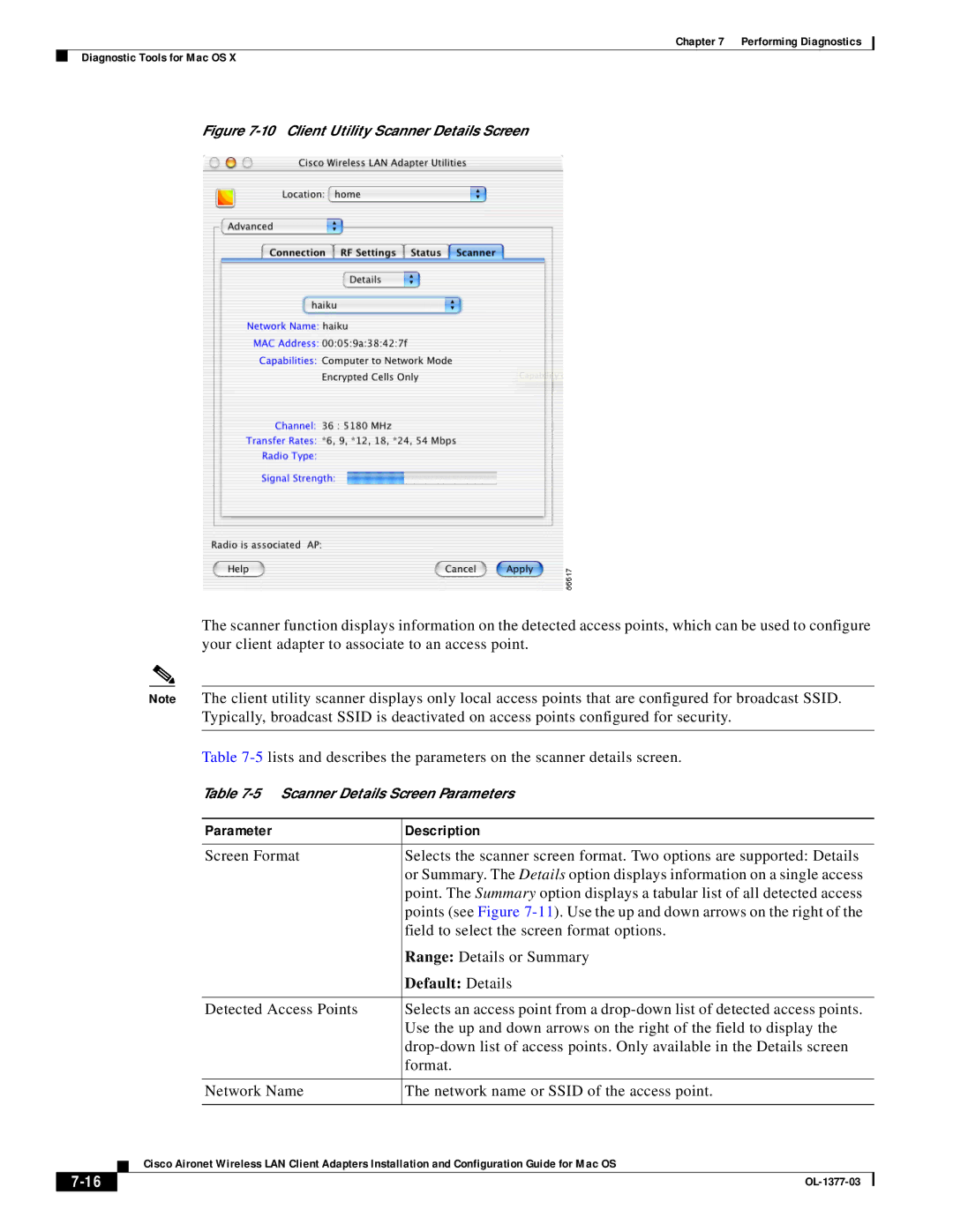 Cisco Systems OL-1377-03 manual Default Details, Client Utility Scanner Details Screen 