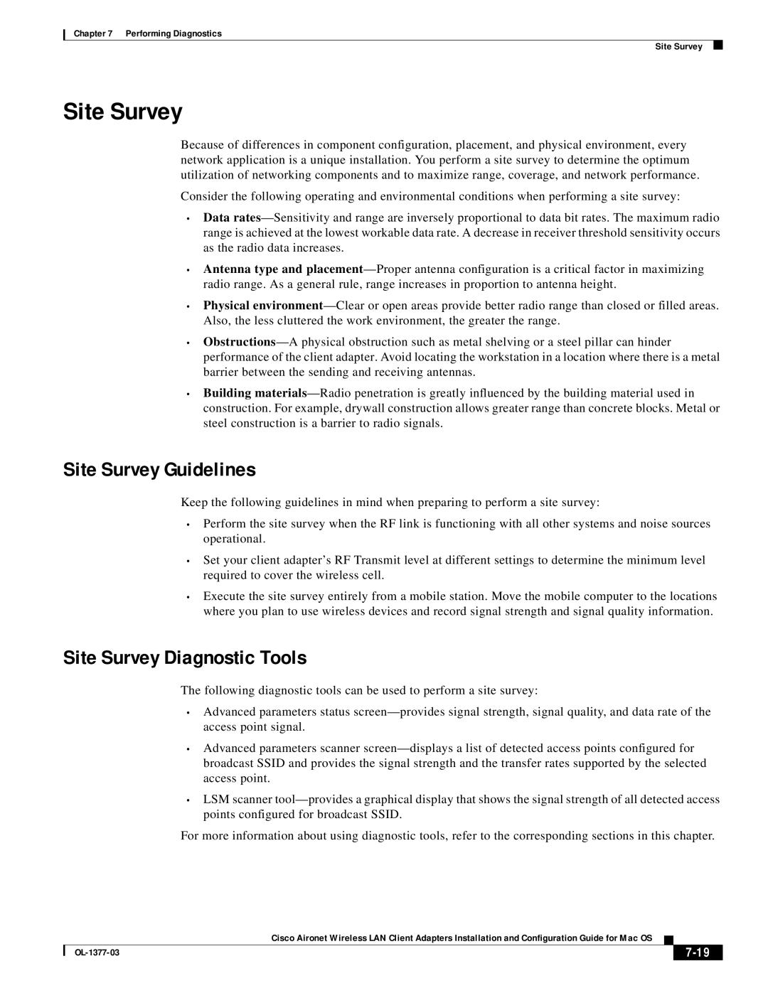 Cisco Systems OL-1377-03 manual Site Survey Guidelines, Site Survey Diagnostic Tools 