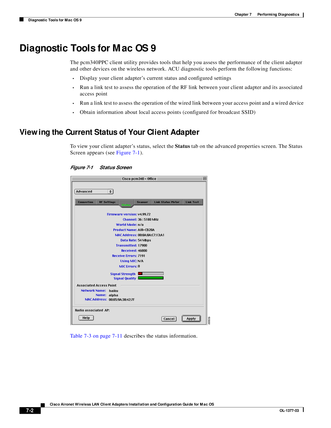 Cisco Systems OL-1377-03 manual Diagnostic Tools for Mac OS, Viewing the Current Status of Your Client Adapter 