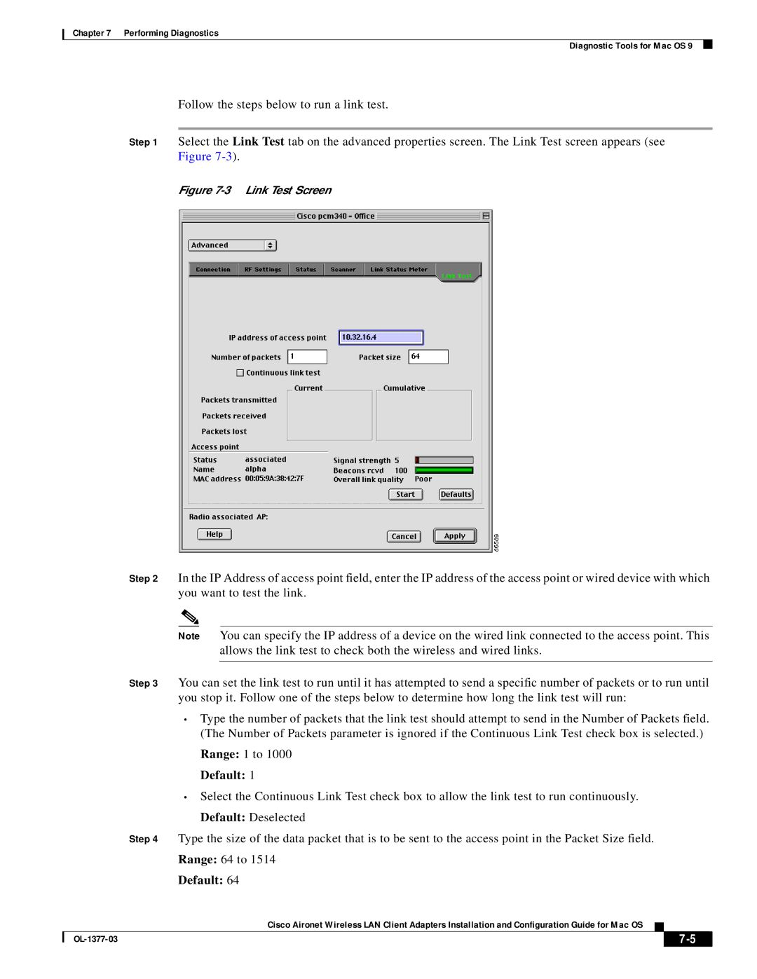 Cisco Systems OL-1377-03 manual Default, Link Test Screen 