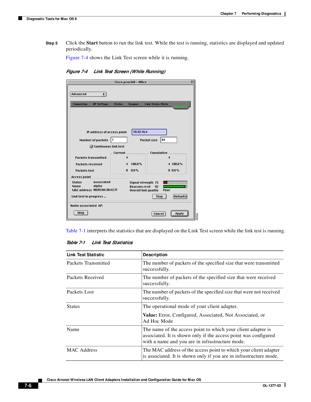 Cisco Systems OL-1377-03 manual Link Test Statistic Description 