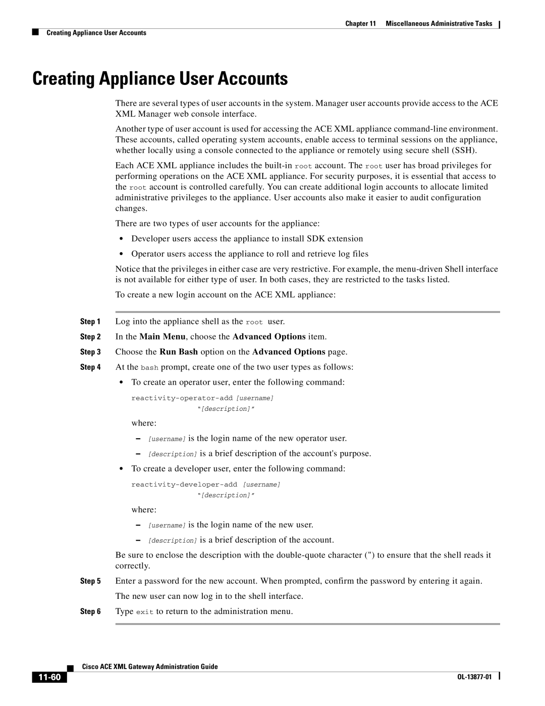 Cisco Systems OL-13877-01 manual Creating Appliance User Accounts, Main Menu, choose the Advanced Options item, 11-60 