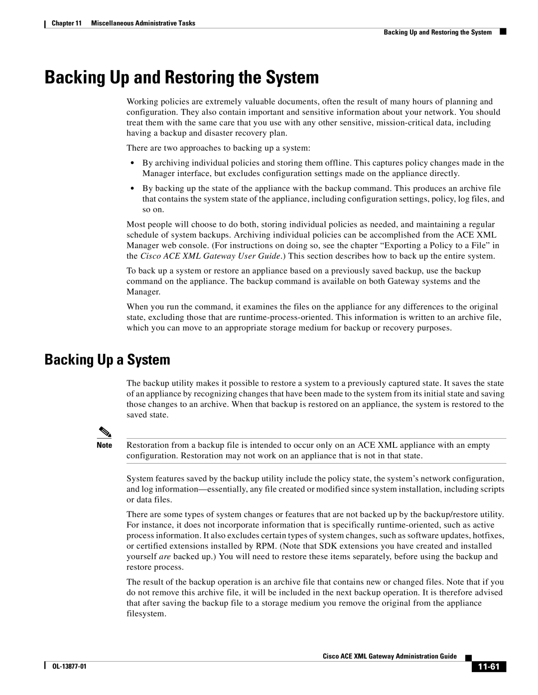 Cisco Systems OL-13877-01 manual Backing Up and Restoring the System, Backing Up a System, 11-61 