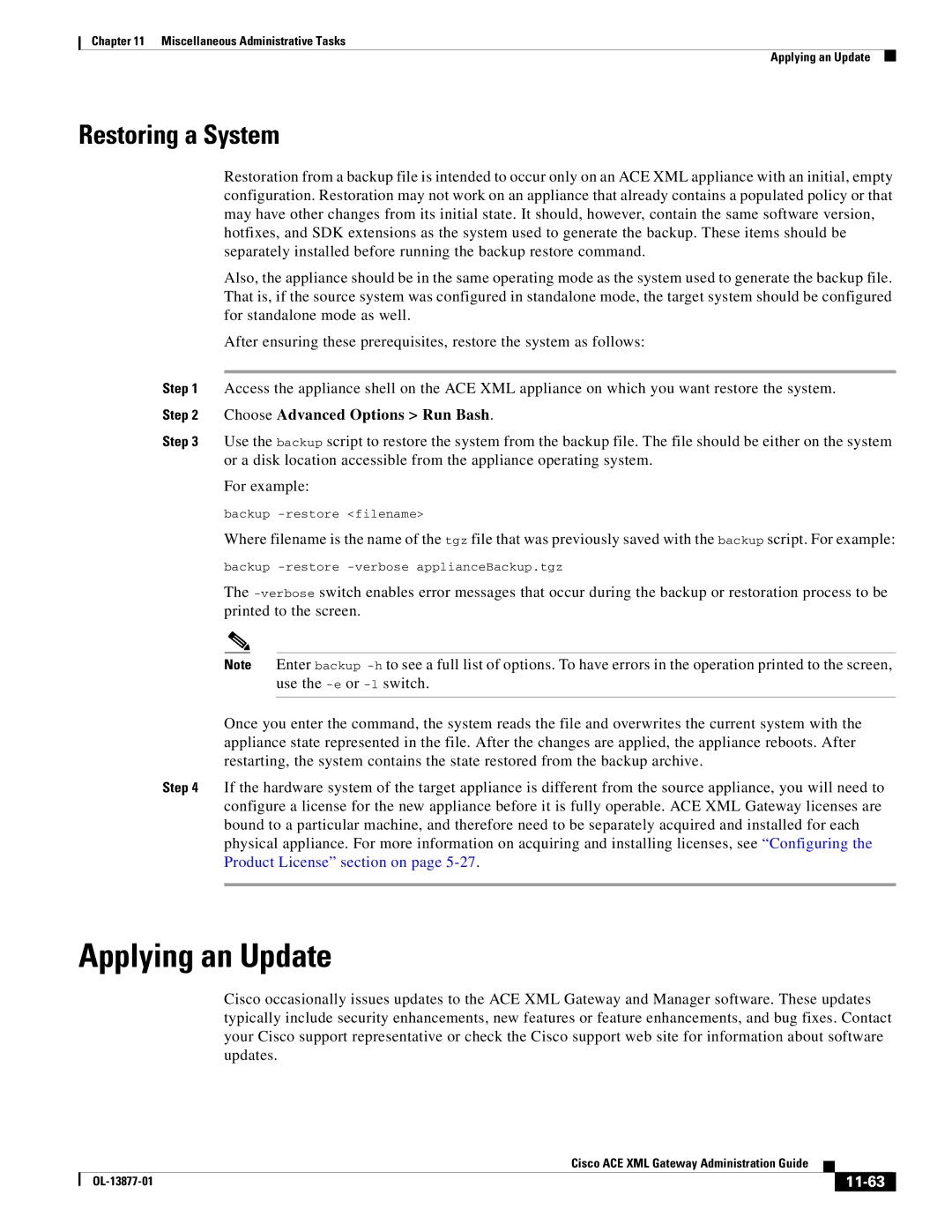 Cisco Systems OL-13877-01 manual Applying an Update, Restoring a System, 11-63 