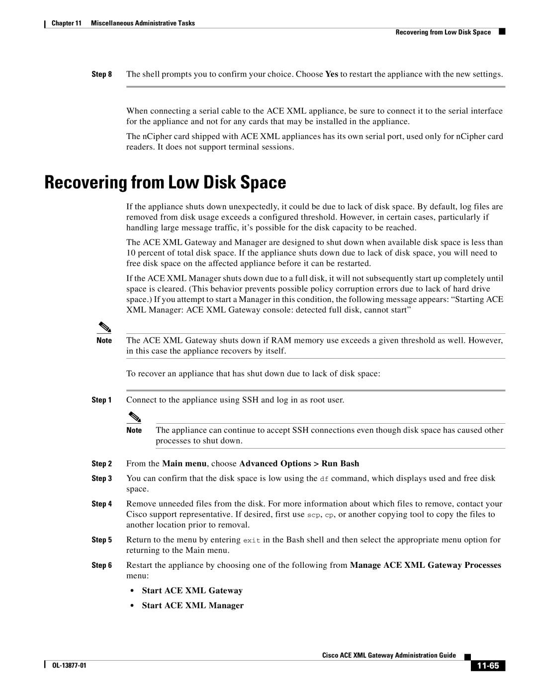 Cisco Systems OL-13877-01 Recovering from Low Disk Space, From the Main menu, choose Advanced Options Run Bash, 11-65 