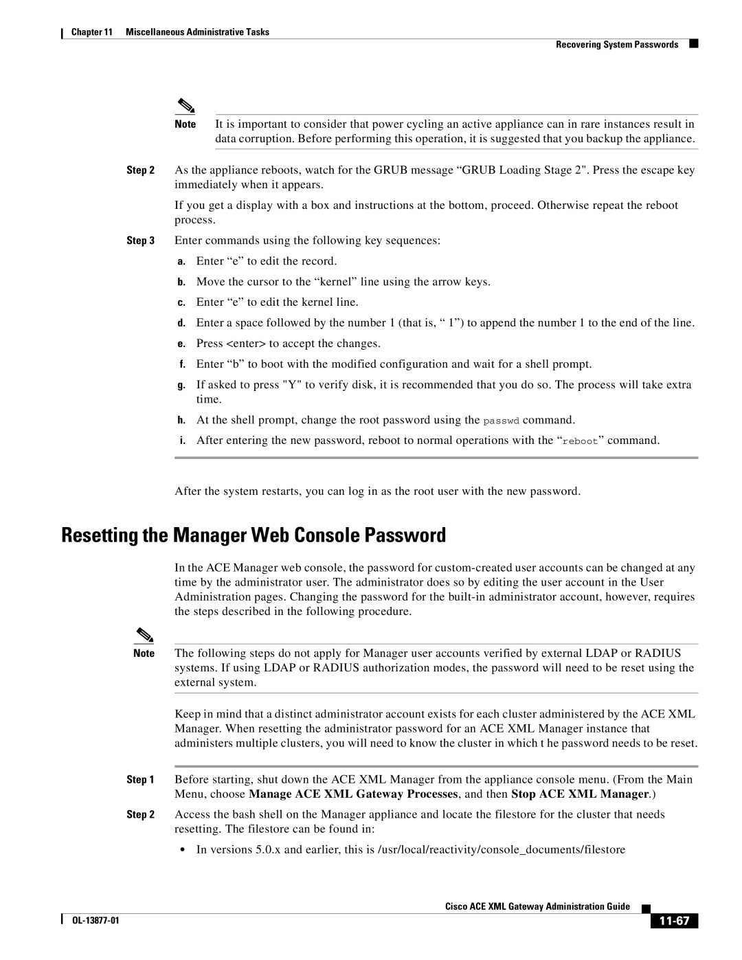 Cisco Systems OL-13877-01 manual Resetting the Manager Web Console Password, 11-67 