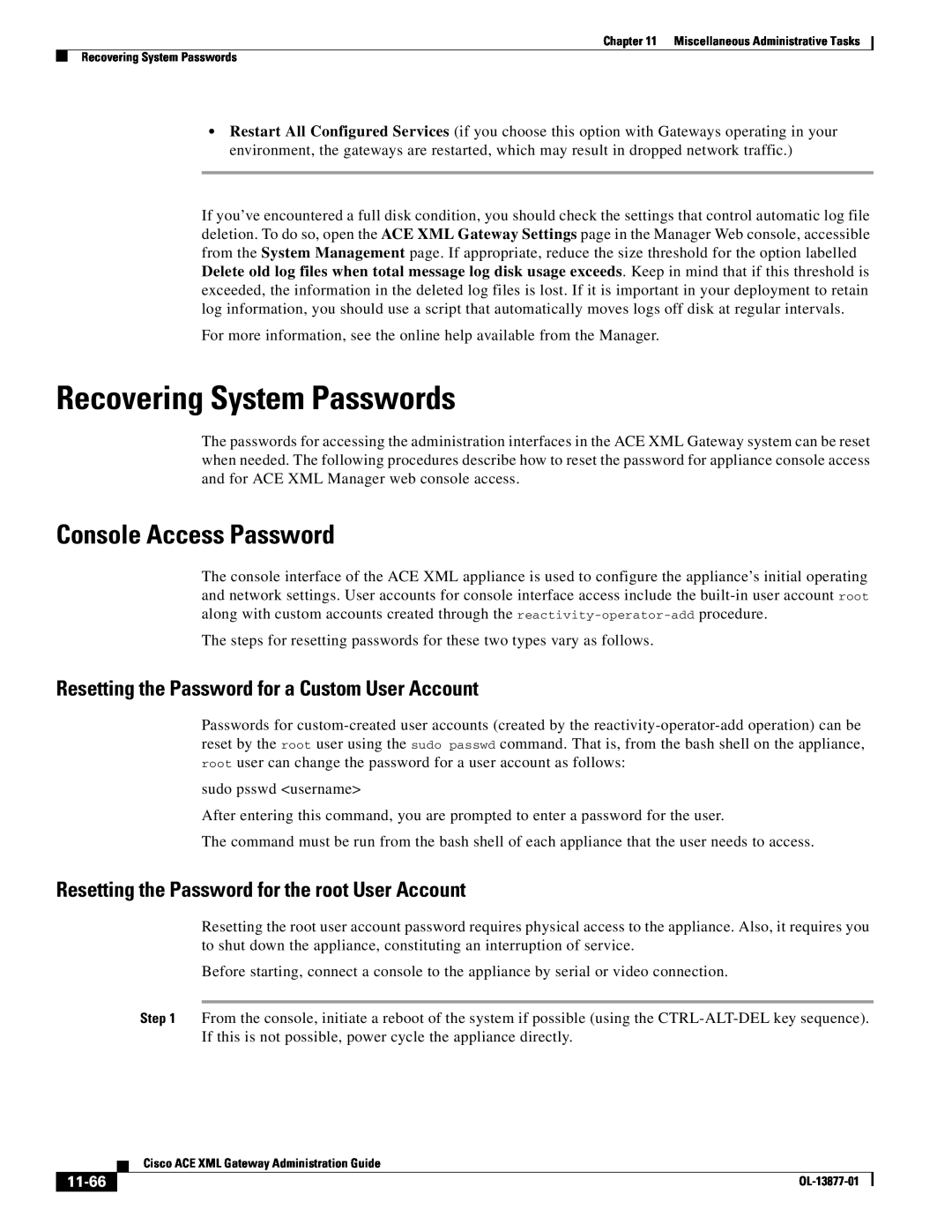 Cisco Systems OL-13877-01 manual Recovering System Passwords, Console Access Password, 11-66 