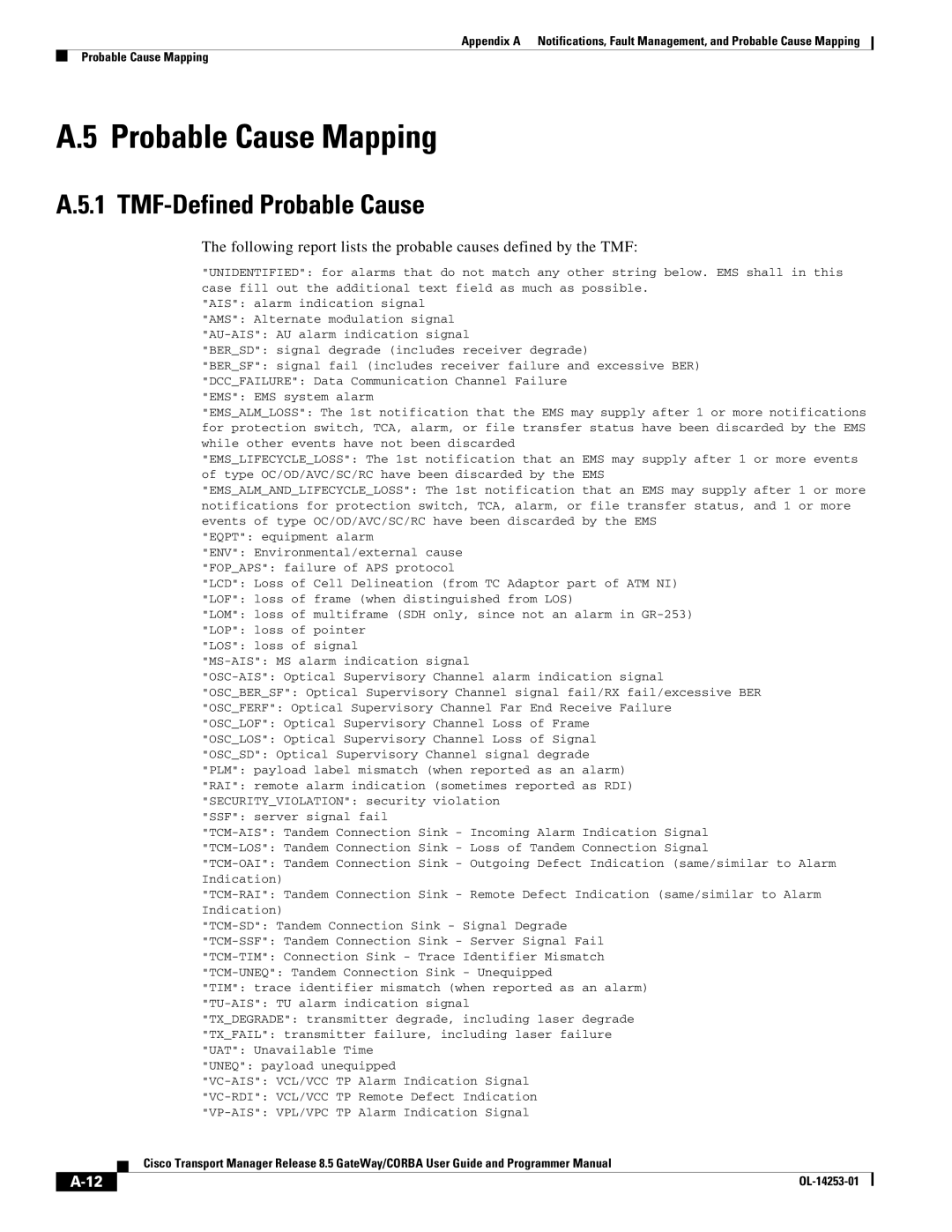 Cisco Systems OL-14253-01 appendix Probable Cause Mapping, TMF-Defined Probable Cause 