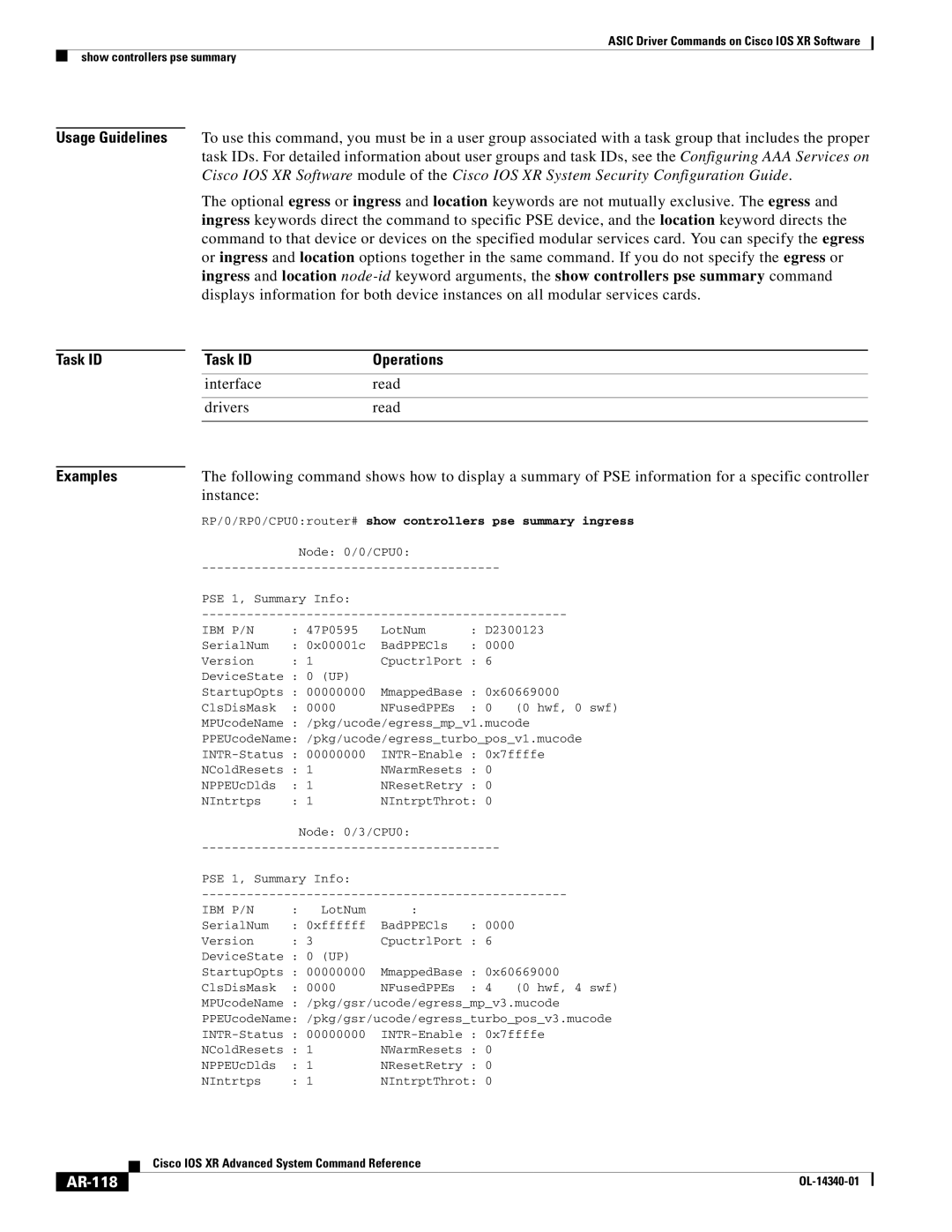 Cisco Systems OL-14340-01 manual AR-118, RP/0/RP0/CPU0router# show controllers pse summary ingress 