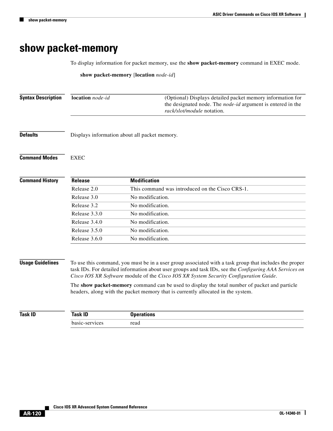 Cisco Systems OL-14340-01 manual Show packet-memory, Displays information about all packet memory, AR-120 