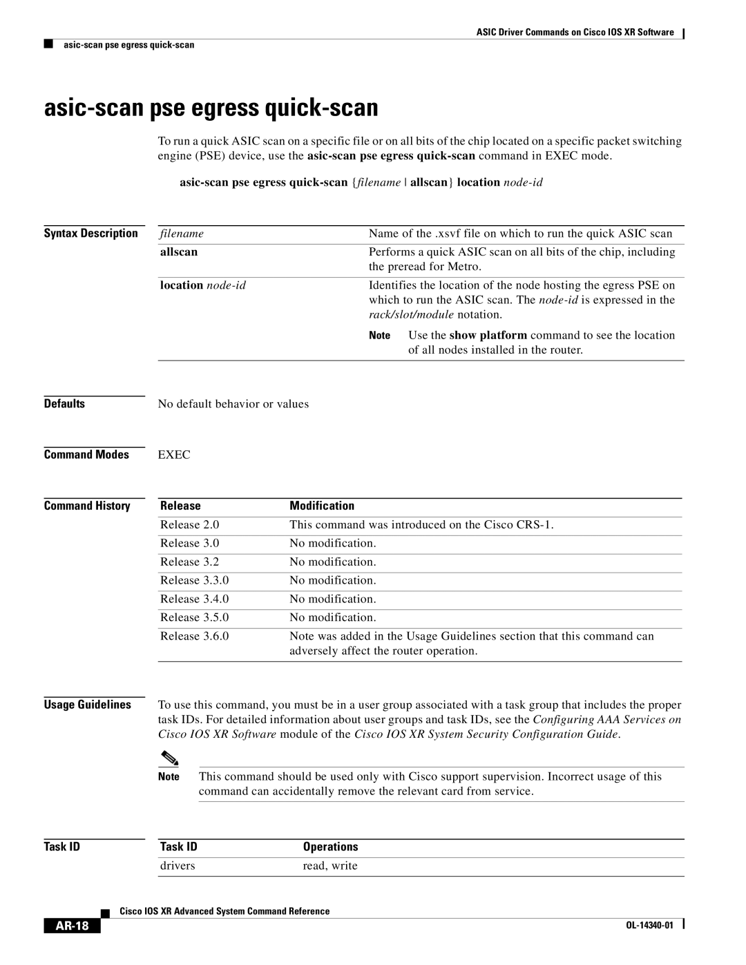 Cisco Systems OL-14340-01 manual Asic-scan pse egress quick-scan, AR-18 