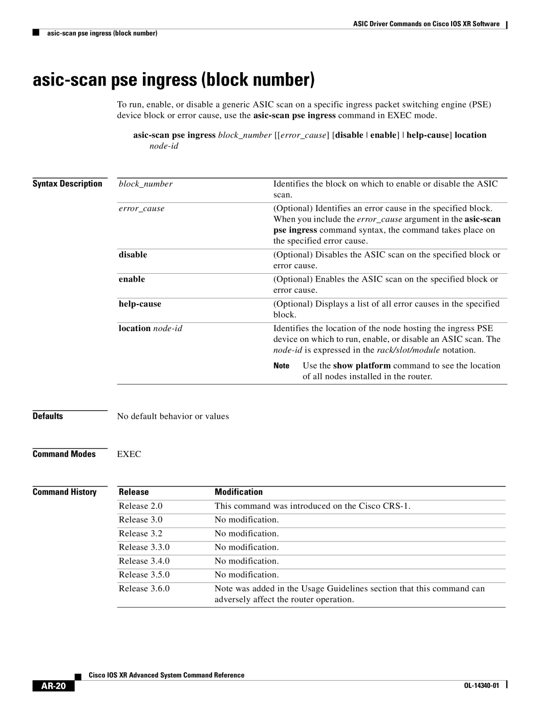 Cisco Systems OL-14340-01 manual Asic-scan pse ingress block number, AR-20 
