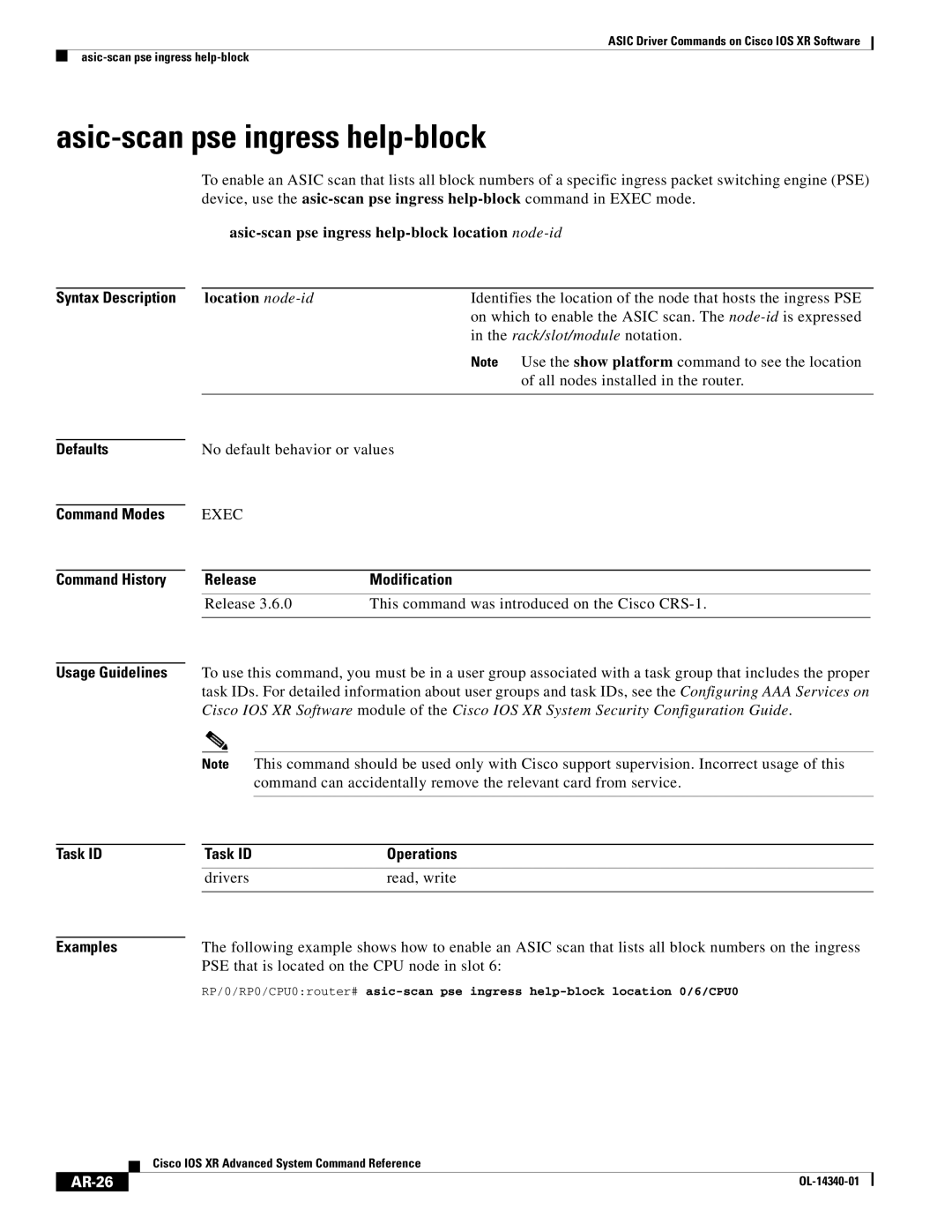 Cisco Systems OL-14340-01 manual Asic-scan pse ingress help-block, PSE that is located on the CPU node in slot, AR-26 