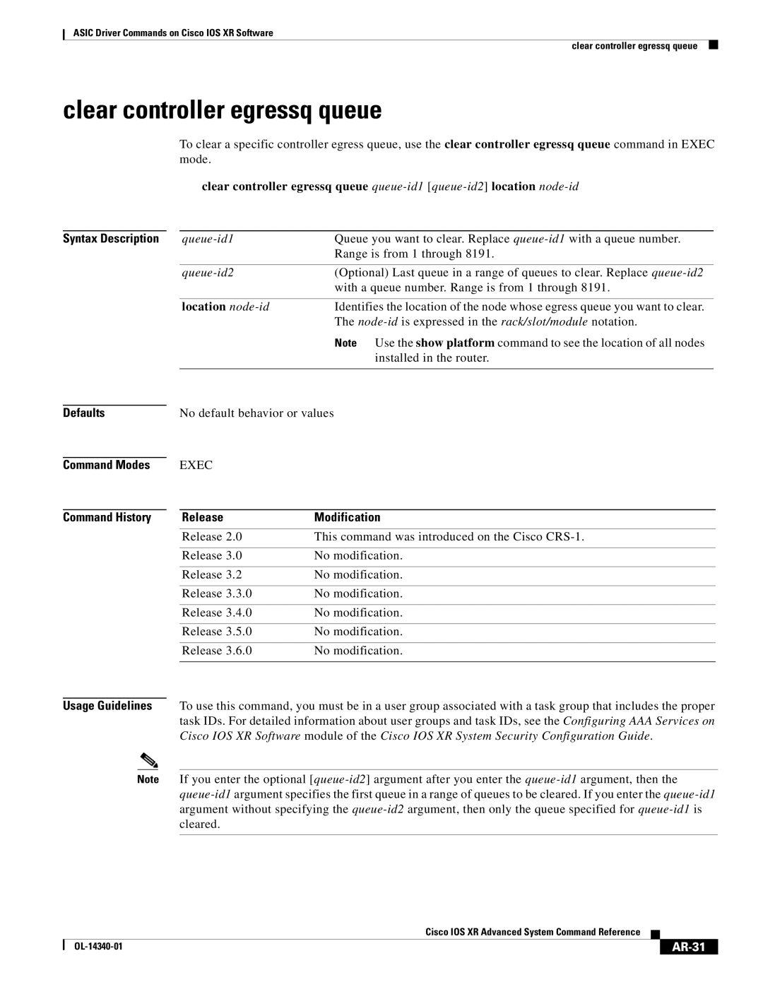 Cisco Systems OL-14340-01 manual Clear controller egressq queue, AR-31 