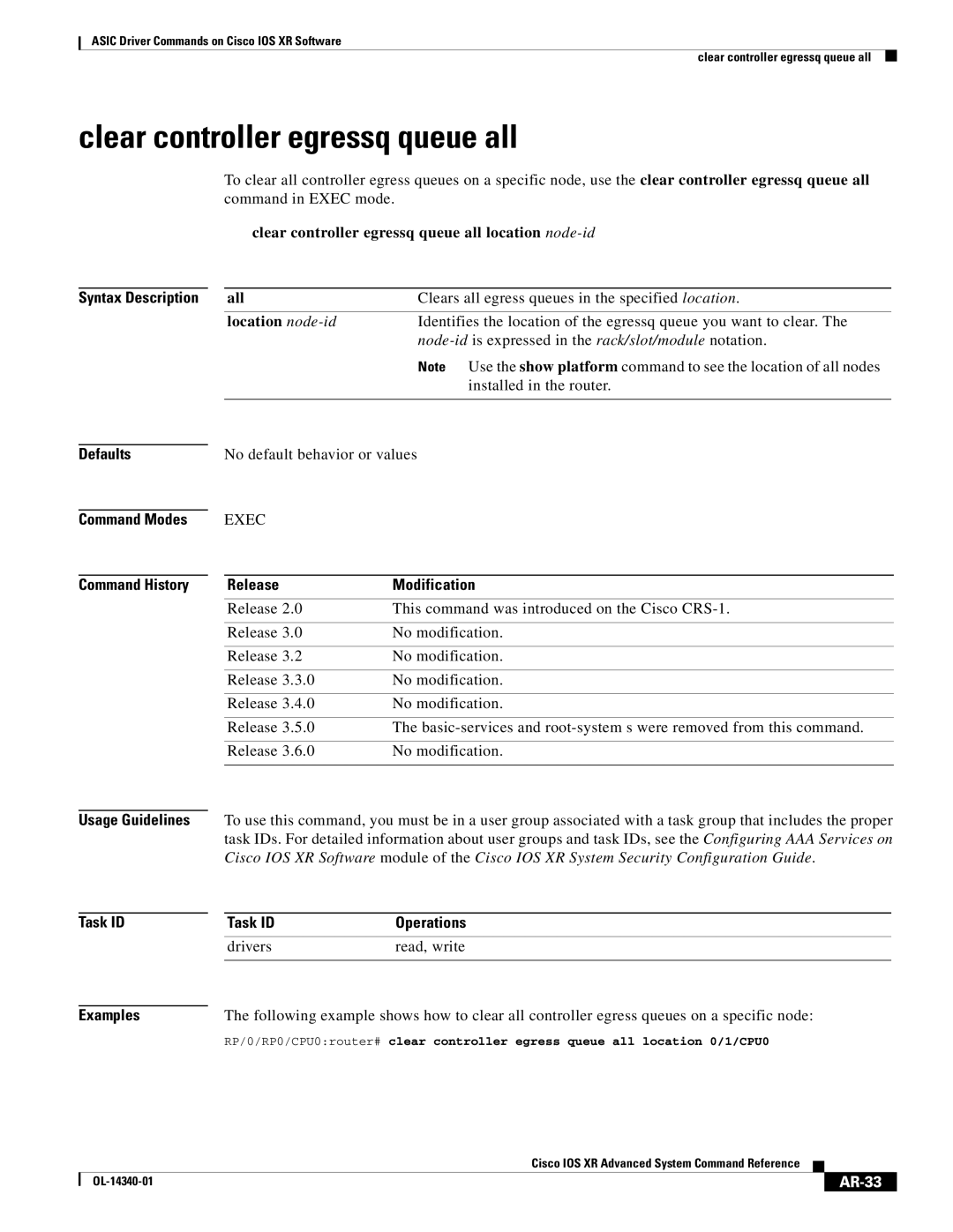 Cisco Systems OL-14340-01 Clear controller egressq queue all, Clears all egress queues in the specified location, AR-33 