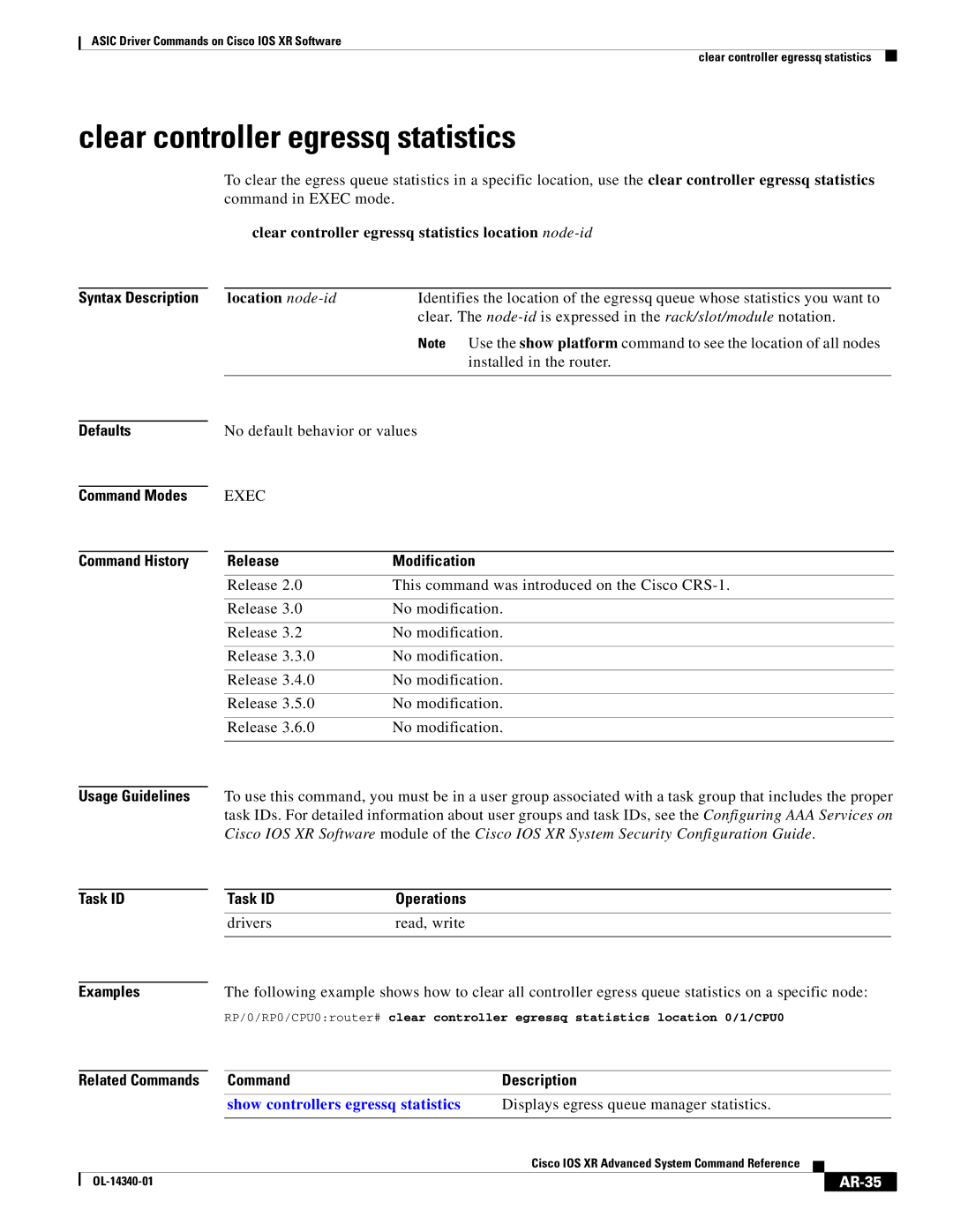 Cisco Systems OL-14340-01 manual Clear controller egressq statistics, AR-35 