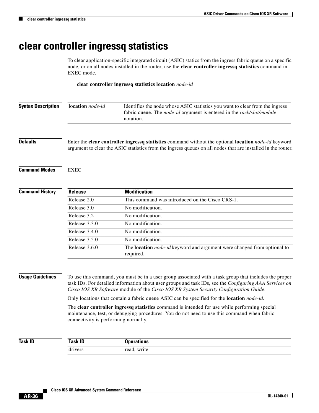 Cisco Systems OL-14340-01 manual Clear controller ingressq statistics, AR-36 