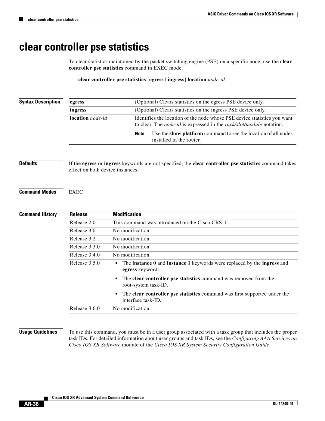 Cisco Systems OL-14340-01 Clear controller pse statistics, Optional Clears statistics on the egress PSE device only, AR-38 