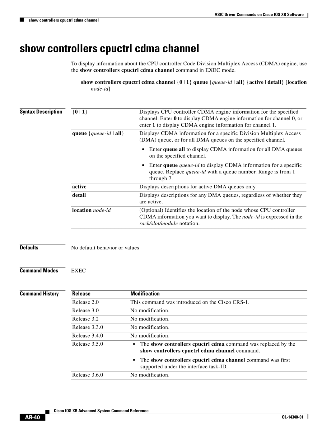 Cisco Systems OL-14340-01 manual Show controllers cpuctrl cdma channel, AR-40 