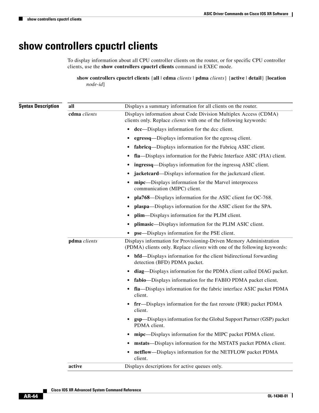 Cisco Systems OL-14340-01 manual Show controllers cpuctrl clients, AR-44 