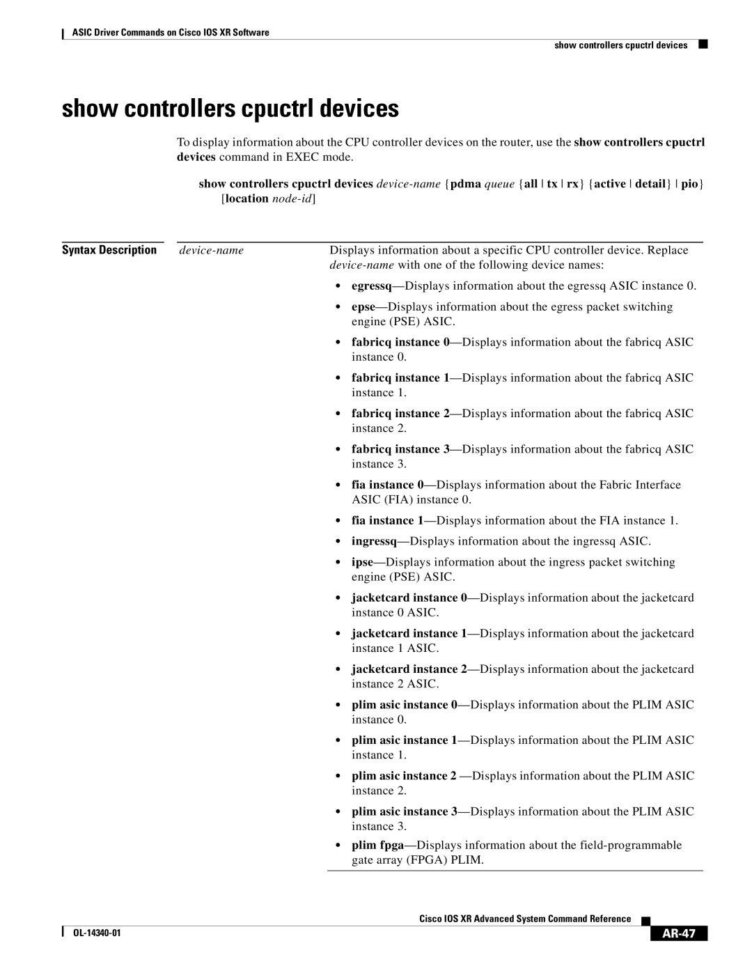Cisco Systems OL-14340-01 manual Show controllers cpuctrl devices, AR-47 