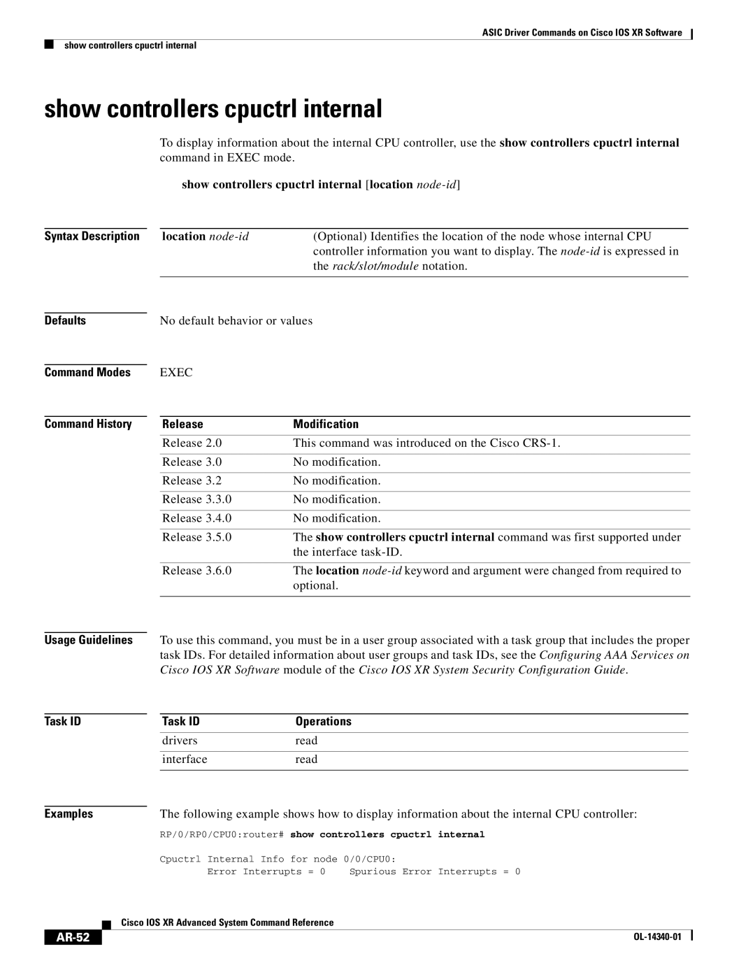 Cisco Systems OL-14340-01 manual Show controllers cpuctrl internal, AR-52 