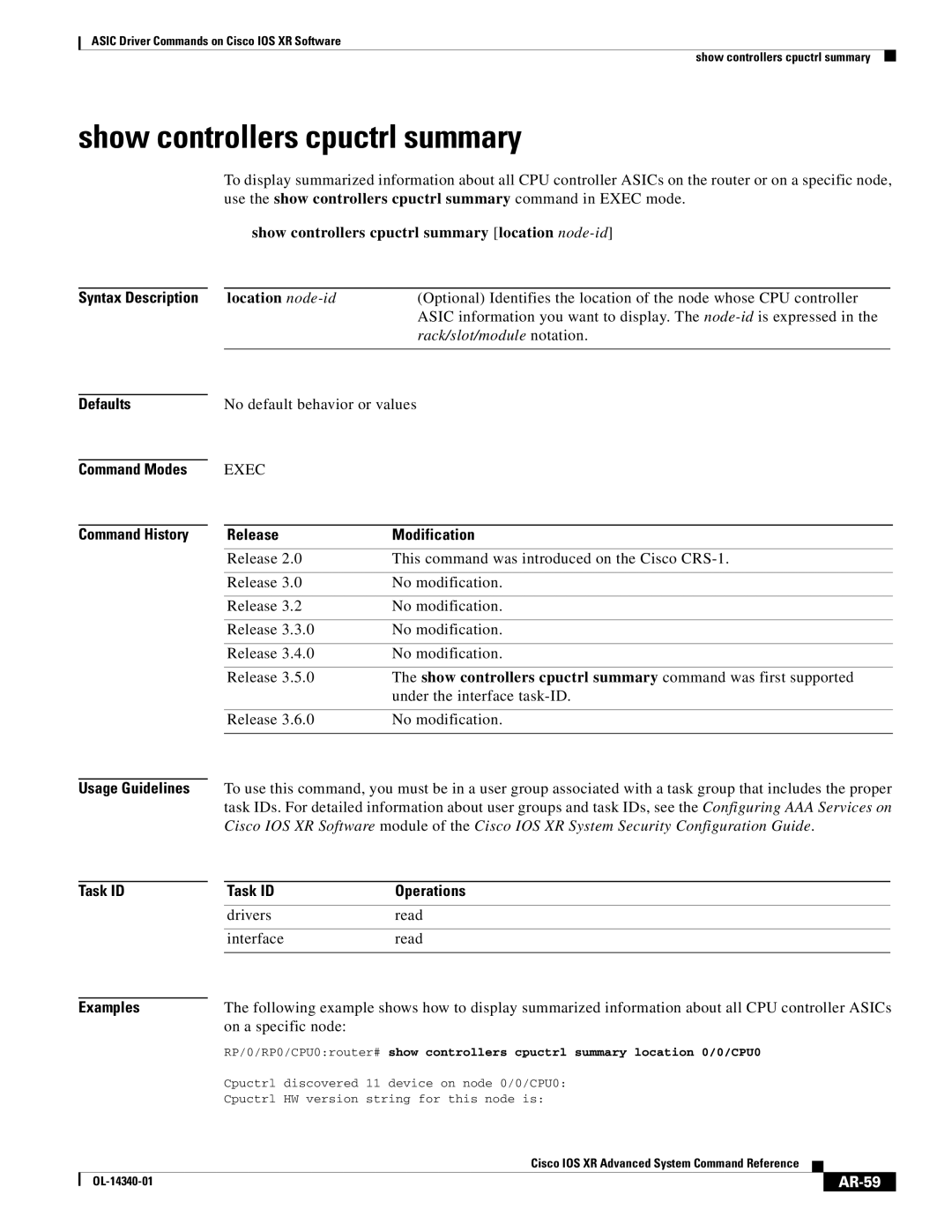 Cisco Systems OL-14340-01 manual Show controllers cpuctrl summary, On a specific node, AR-59 