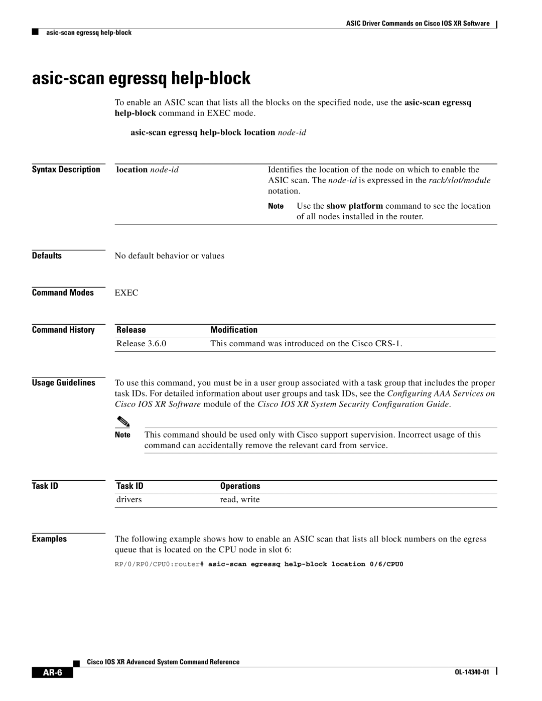 Cisco Systems OL-14340-01 manual Asic-scan egressq help-block, Release This command was introduced on the Cisco CRS-1, AR-6 