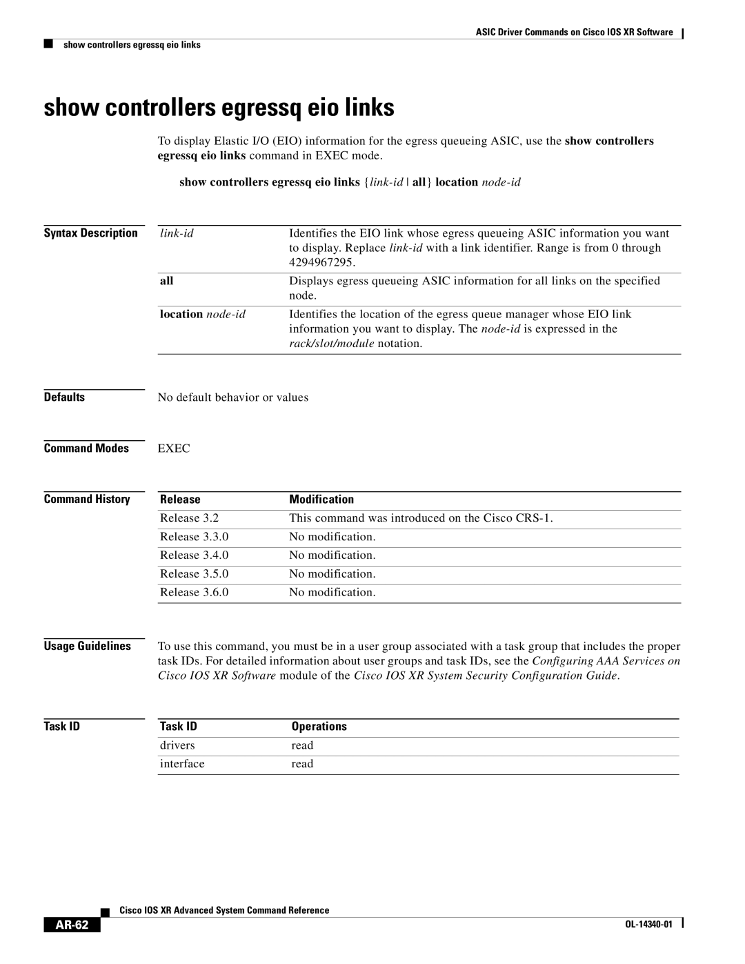 Cisco Systems OL-14340-01 manual Show controllers egressq eio links, AR-62 