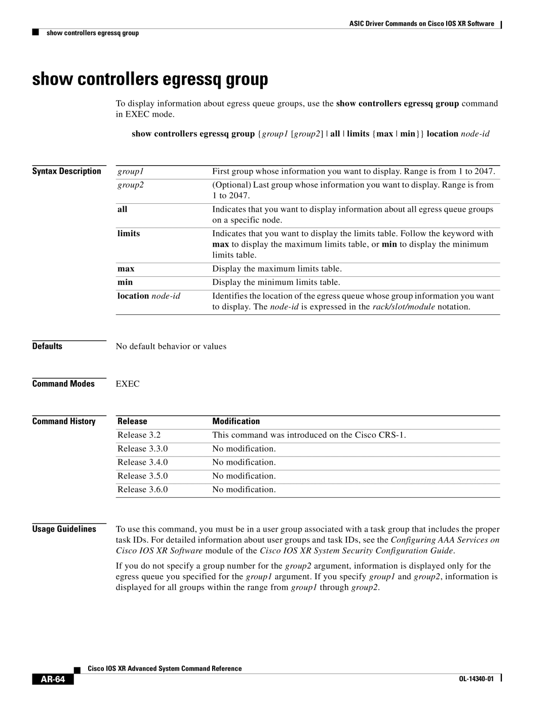 Cisco Systems OL-14340-01 manual Show controllers egressq group, AR-64 