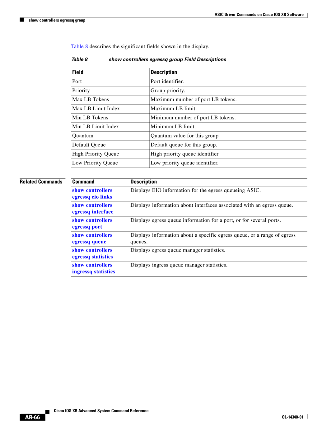 Cisco Systems OL-14340-01 manual Displays EIO information for the egress queueing Asic, AR-66 