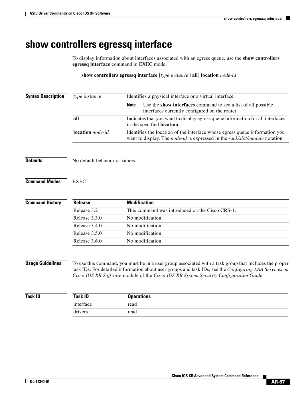 Cisco Systems OL-14340-01 manual Show controllers egressq interface, Interface Read Drivers, AR-67 