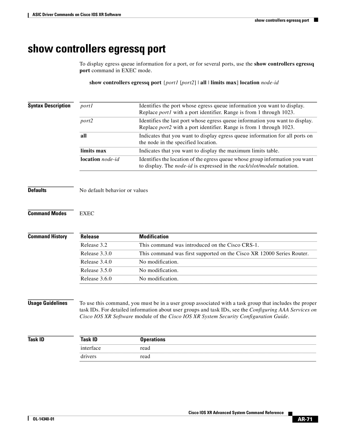 Cisco Systems OL-14340-01 manual Show controllers egressq port, AR-71 
