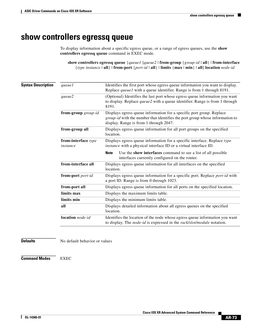 Cisco Systems OL-14340-01 manual Show controllers egressq queue, AR-73 