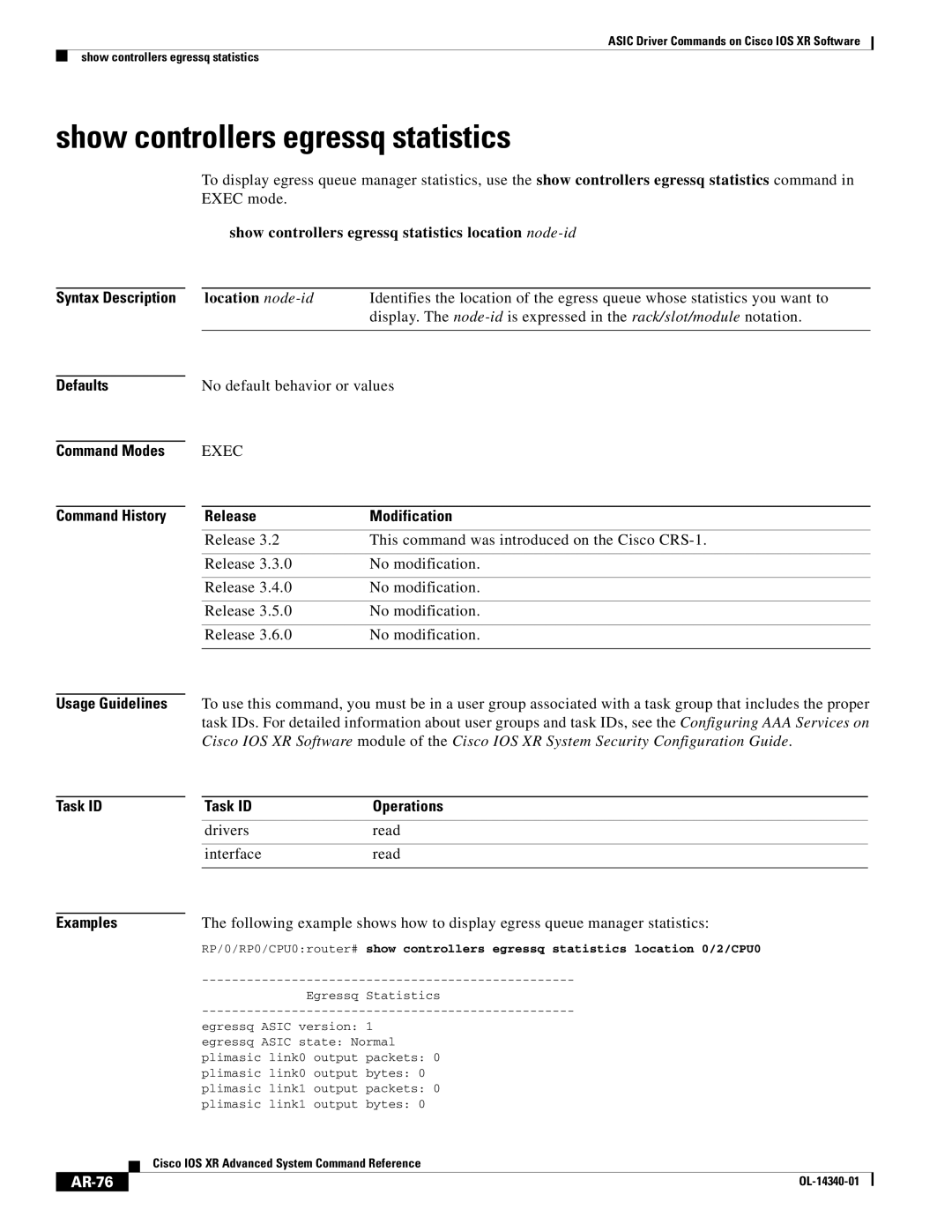 Cisco Systems OL-14340-01 manual Show controllers egressq statistics, AR-76 