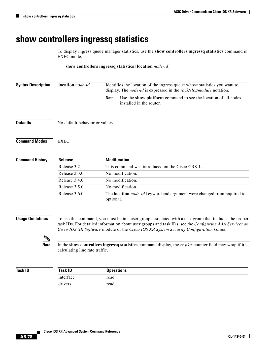 Cisco Systems OL-14340-01 manual Show controllers ingressq statistics, AR-78 