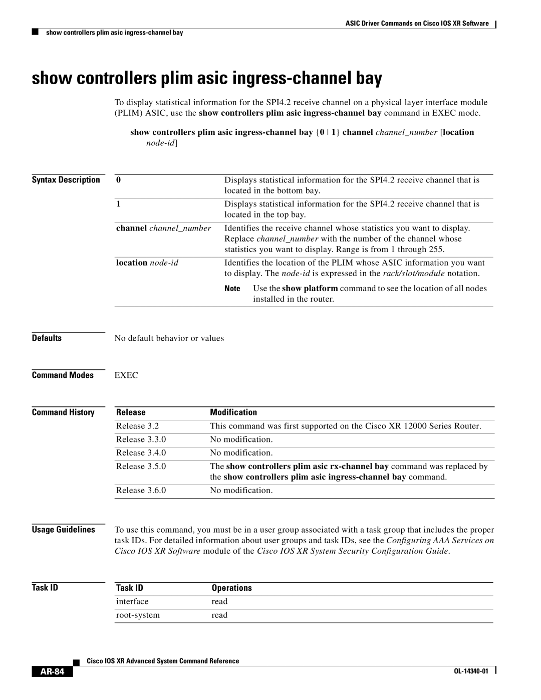 Cisco Systems OL-14340-01 manual Show controllers plim asic ingress-channel bay, AR-84 