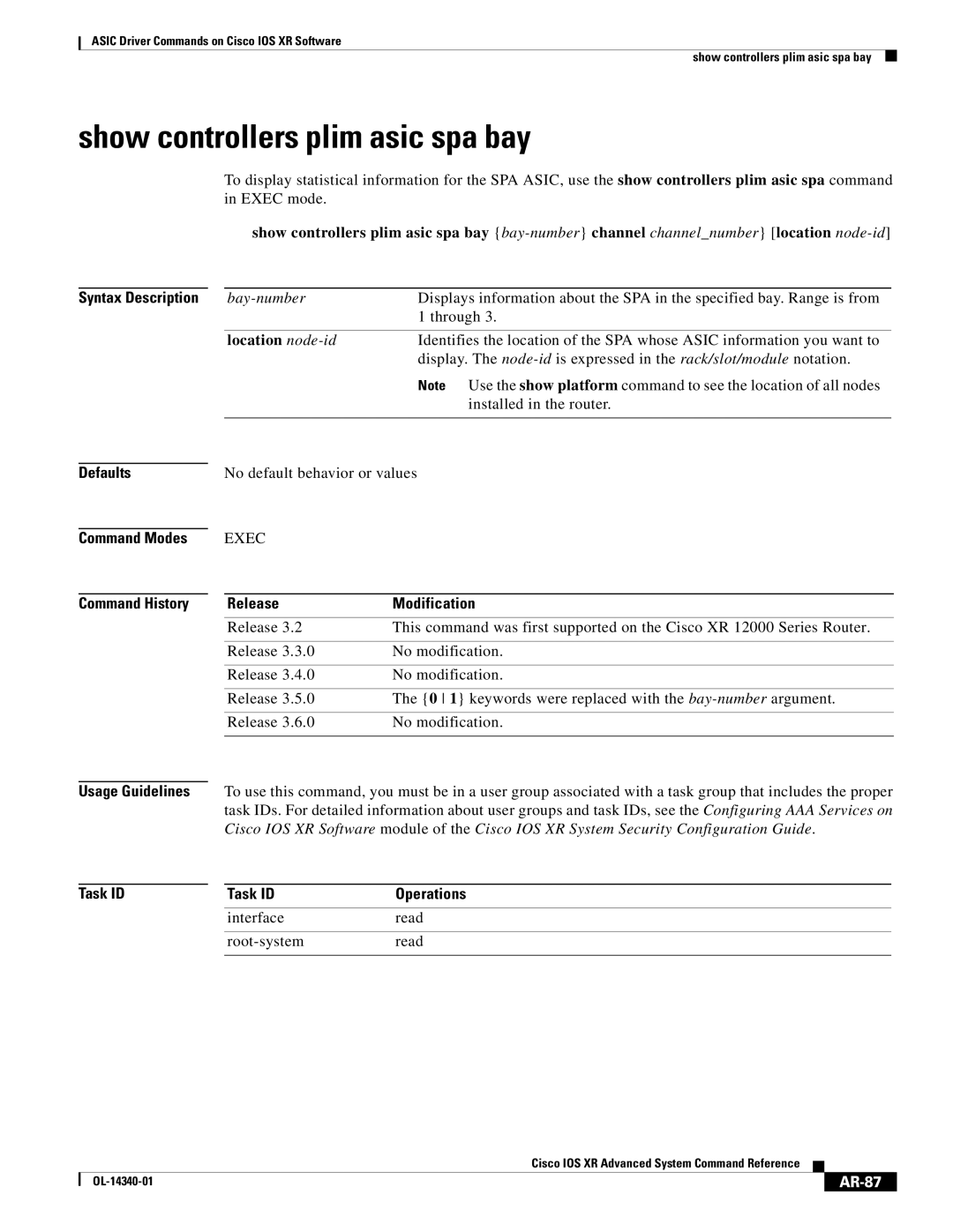 Cisco Systems OL-14340-01 manual Show controllers plim asic spa bay, AR-87 