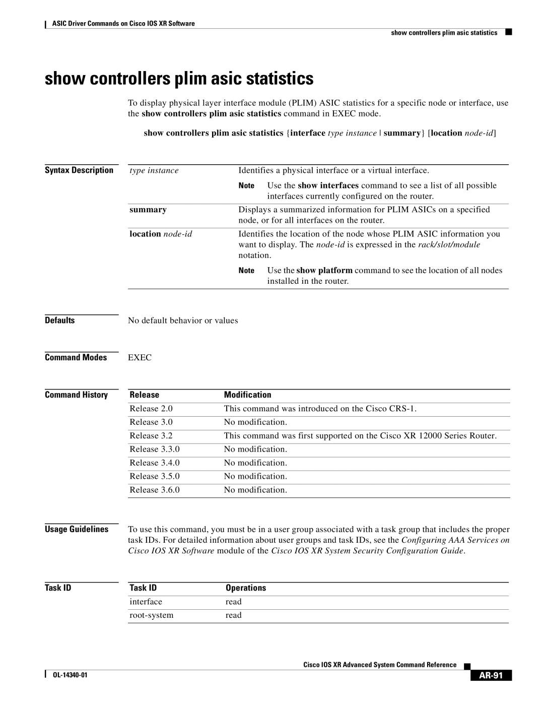 Cisco Systems OL-14340-01 manual Show controllers plim asic statistics, AR-91 