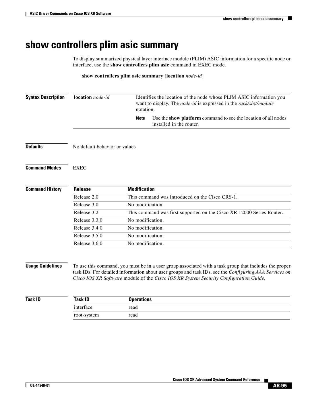 Cisco Systems OL-14340-01 manual Show controllers plim asic summary, AR-95 