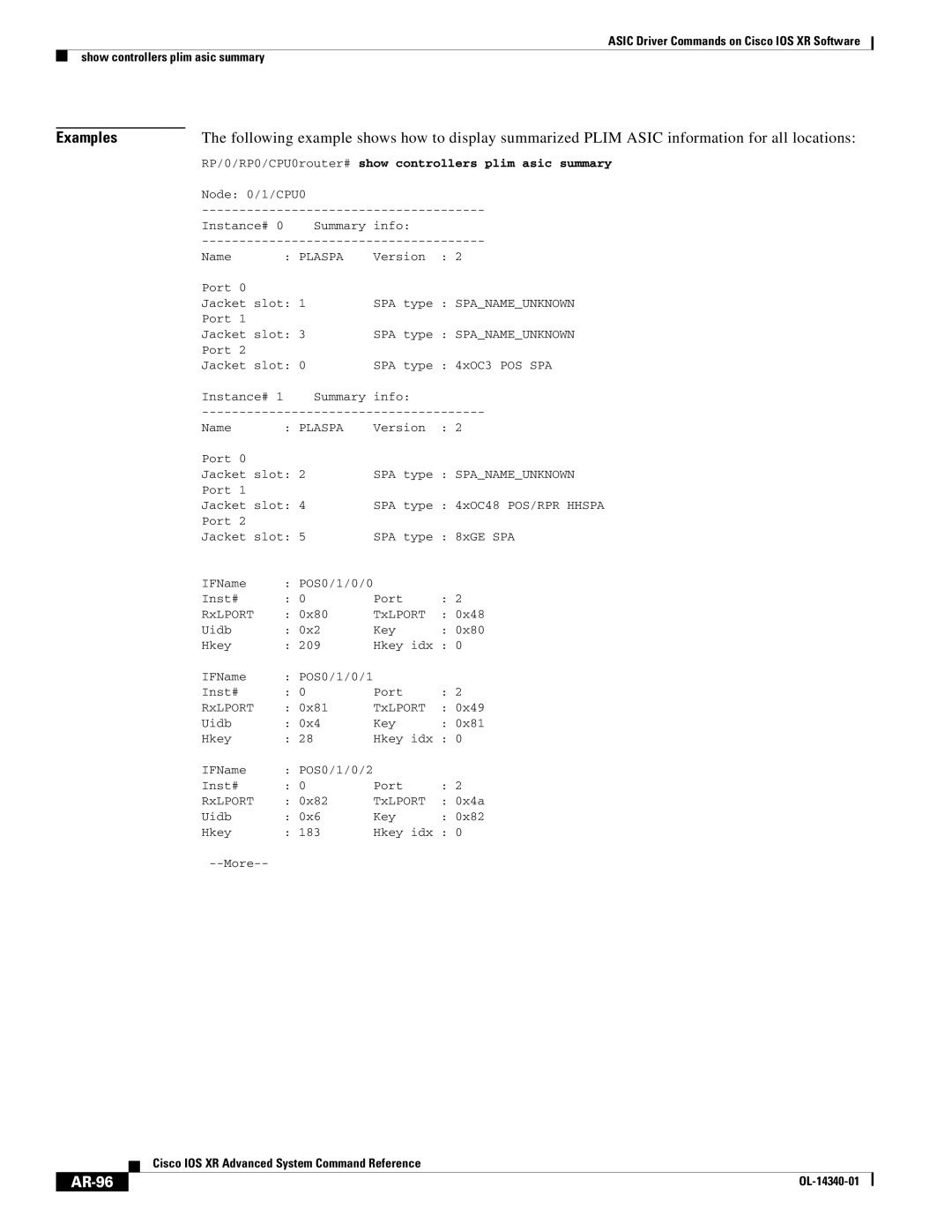 Cisco Systems OL-14340-01 manual AR-96, RP/0/RP0/CPU0router# show controllers plim asic summary 