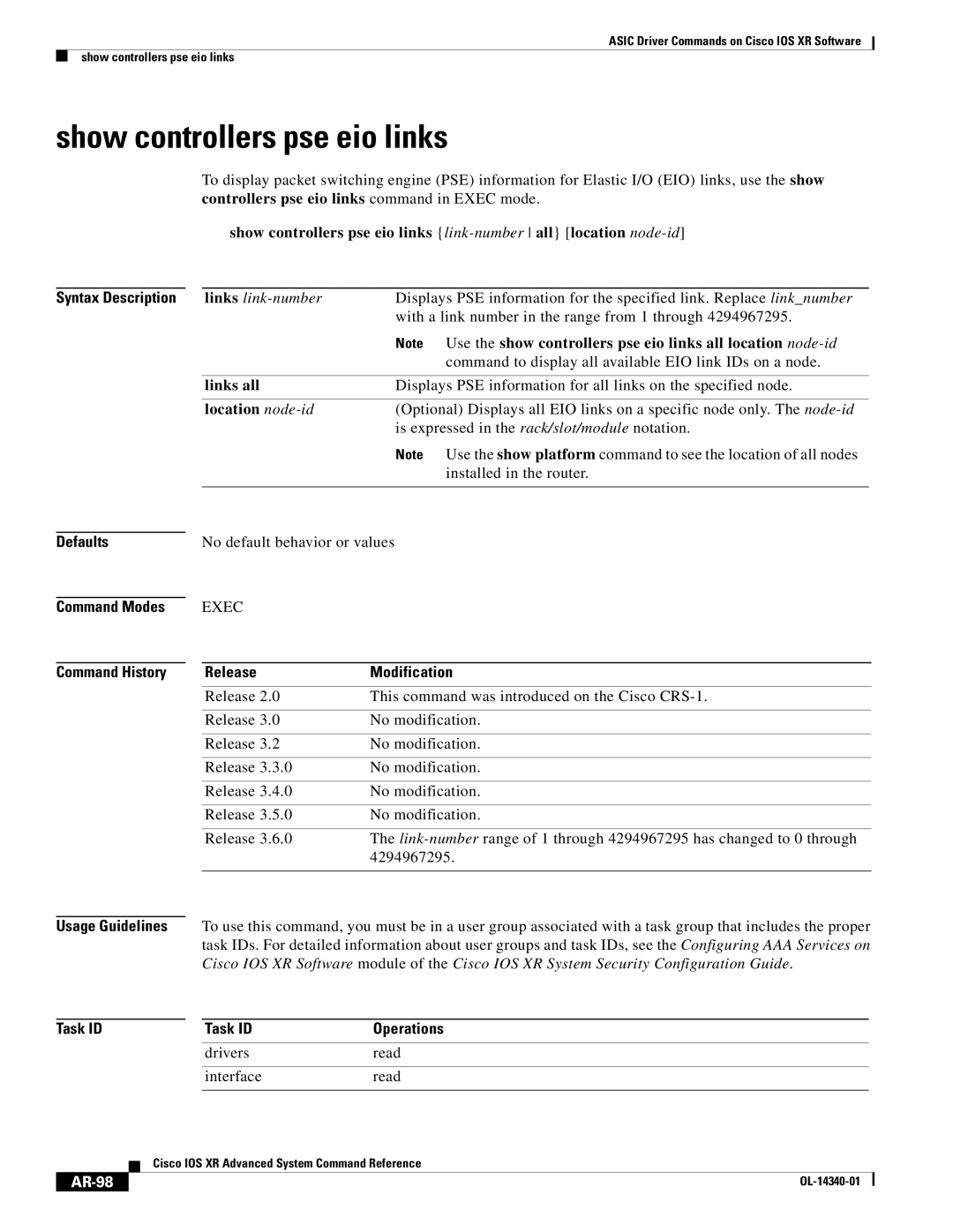 Cisco Systems OL-14340-01 manual Show controllers pse eio links, AR-98 