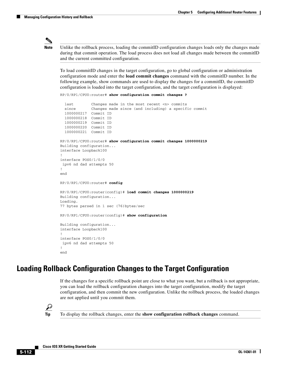 Cisco Systems OL-14361-01 manual 112, RP/0/RP1/CPU0router# show configuration commit changes ? 