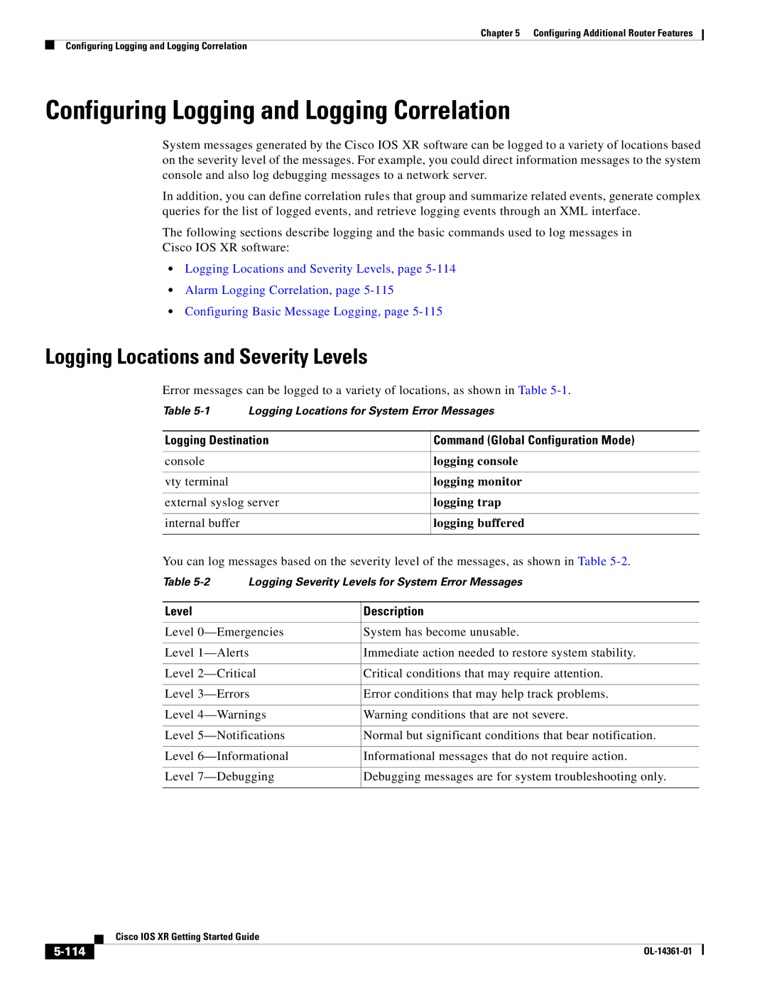 Cisco Systems OL-14361-01 manual Configuring Logging and Logging Correlation, Logging Locations and Severity Levels, 114 